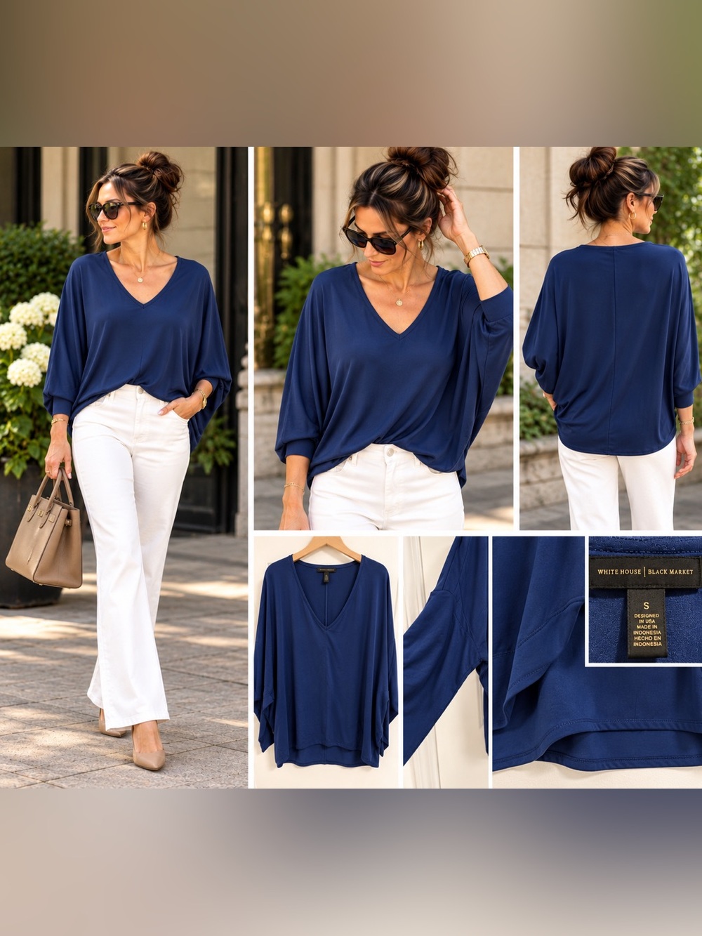 White House Black Market Navy V-Neck Dolman Sleeve Tunic